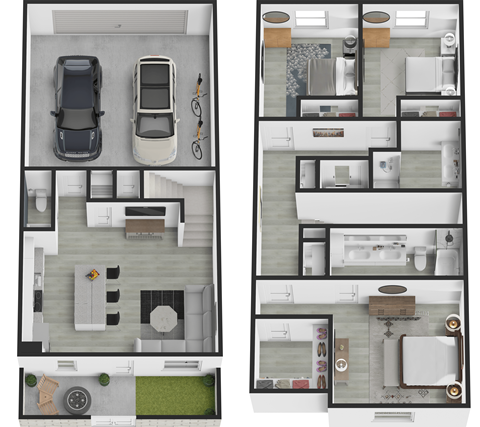 two layouts of a house floor plan with different layouts of bedrooms